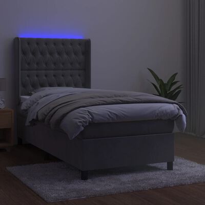 vidaXL Box spring postelja z vzmetnico LED svetlo siva 90x200 cm žamet