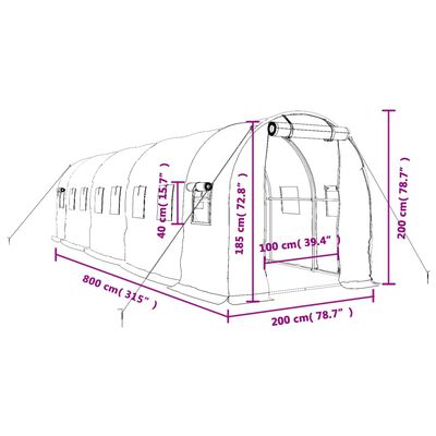 vidaXL Rastlinjak z jeklenim okvirjem bel 16 m² 8x2x2 m