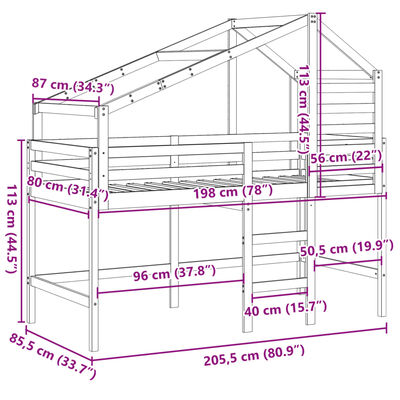 vidaXL Posteljni okvir z lestvijo in streho 80x200 cm borovina