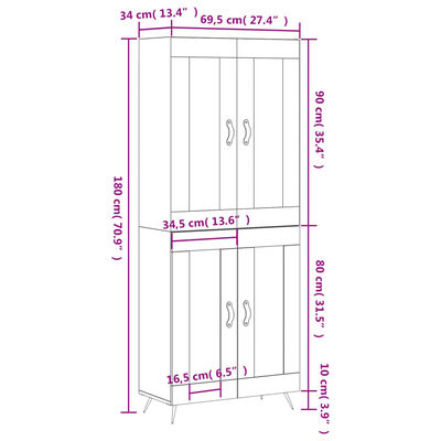 vidaXL Visoka komoda betonsko siva 69,5x34x180 cm inženirski les