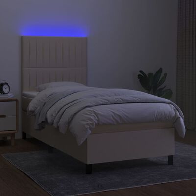 vidaXL Box spring postelja z vzmetnico LED krem 100x200 cm blago