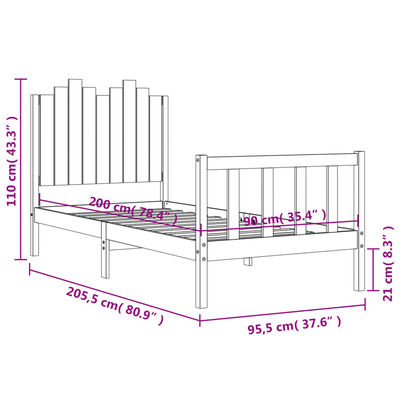 vidaXL Posteljni okvir z vzglavjem črn 90x200 cm trden les