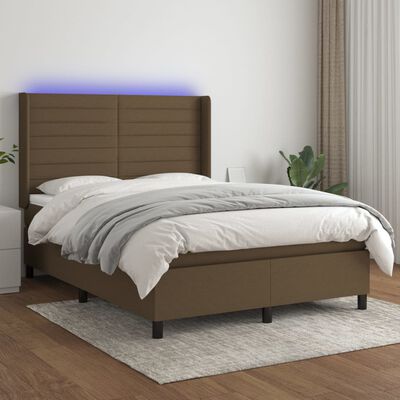 vidaXL Box spring postelja z vzmetnico LED temno rjava 140x200cm blago