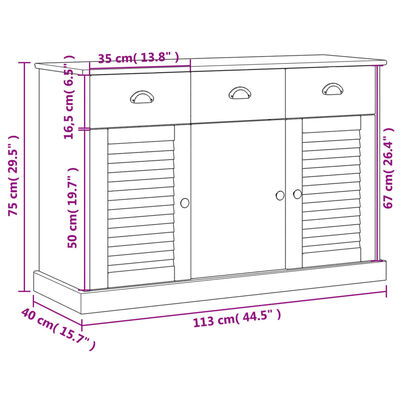 vidaXL Komoda s predali VIGO 113x40x75 cm siva trdna borovina