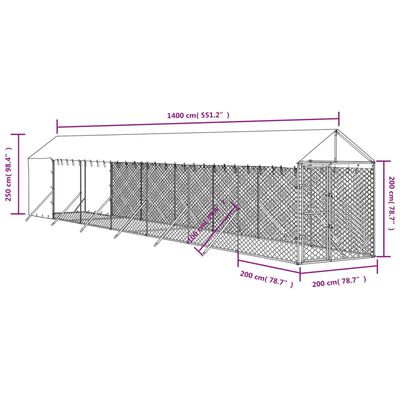 vidaXL Zunanja pasja ograda s streho srebrna 2x14x2,5m pocinkano jeklo