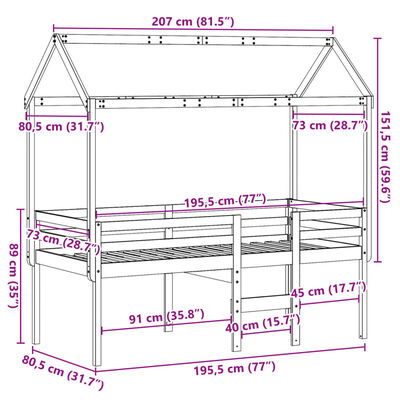 vidaXL Visoka postelja s streho 75x190 cm trdna borovina