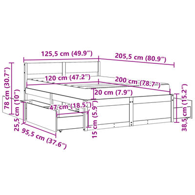 vidaXL Postelja s predali in vzmetnico 120x200 cm trdna borovina