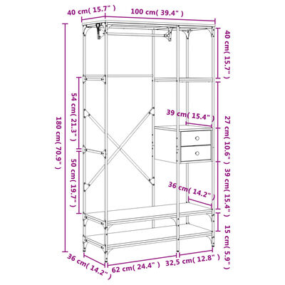 vidaXL Garderobna omara s predali sonoma hrast 100x40x180 cm inž. les