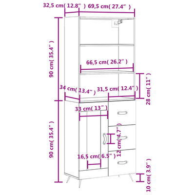 vidaXL Visoka komoda dimljen hrast 69,5x34x180 cm inženirski les