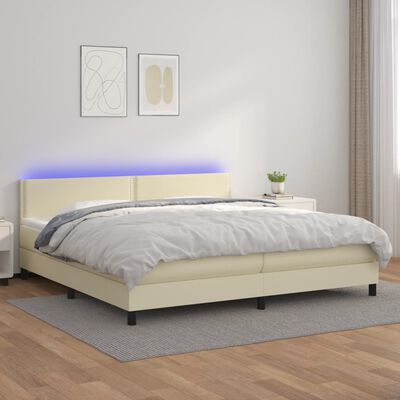 vidaXL Box spring postelja z vzmetnico LED krem 200x200cm umetno usnje