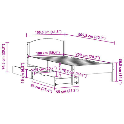 vidaXL Posteljni okvir brez vzmetnice bel 100x200 cm trdna borovina