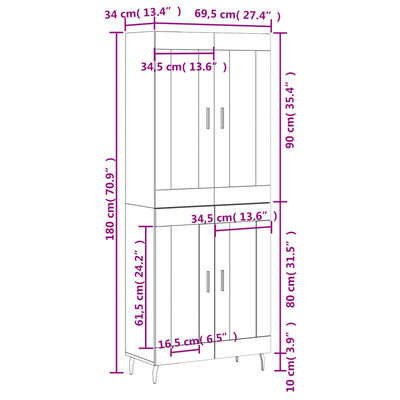 vidaXL Visoka komoda betonsko siva 69,5x34x180 cm inženirski les