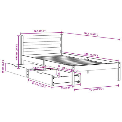 vidaXL Posteljni okvir brez vzmetnice bel 75x190 cm trdna borovina