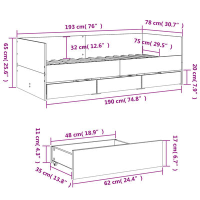 vidaXL Dnevna postelja s predali brez vzmetnice sonoma hrast 75x190 cm