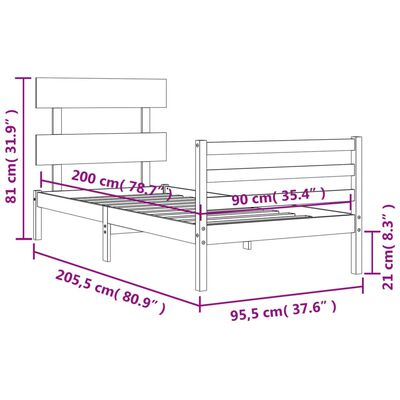 vidaXL Posteljni okvir z vzglavjem 90x200 cm trden les