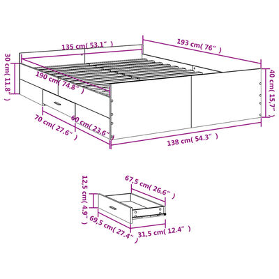 vidaXL Posteljni okvir s predali bel 135x190 cm inženirski les