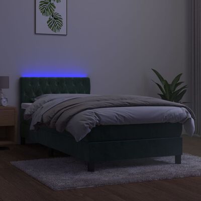 vidaXL Box spring postelja z vzmetnico LED tem. zelena 100x200cm žamet