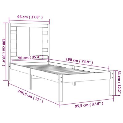 vidaXL Posteljni okvir črn iz trdnega lesa 90x190 cm