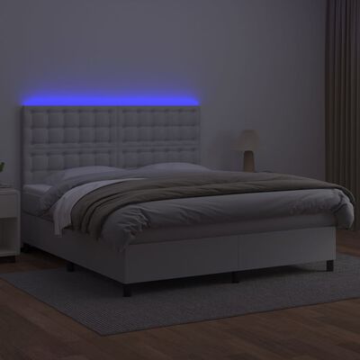 vidaXL Box spring postelja z vzmetnico LED bela 180x200cm umetno usnje