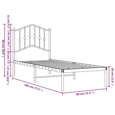 vidaXL Kovinski posteljni okvir z vzglavjem črn 75x190 cm