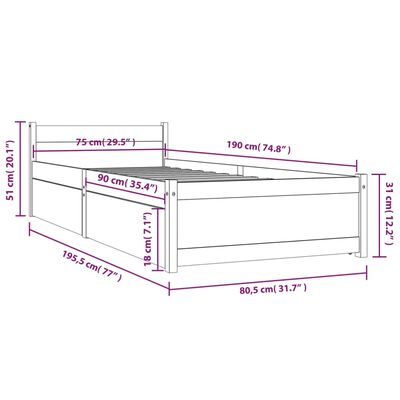 vidaXL Posteljni okvir s predali črna 75x190 cm majhna enojna