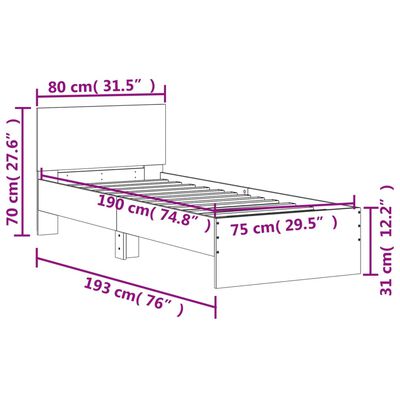 vidaXL Posteljni okvir z vzglavjem in LED rjavi hrast 75x190 cm