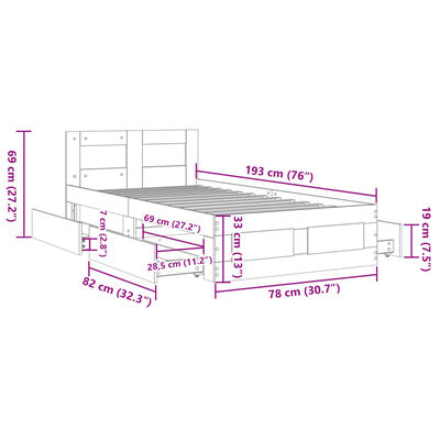 vidaXL Posteljni okvir z vzglavjem črn 75x190 cm inženirski les