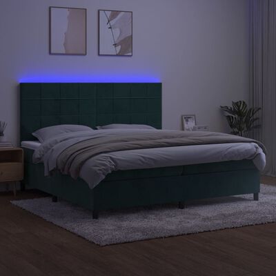 vidaXL Box spring postelja z vzmetnico LED tem. zelena 200x200cm žamet