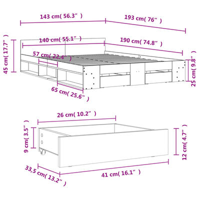 vidaXL Posteljni okvir s predali dimljen hrast 140x190 cm inž. les