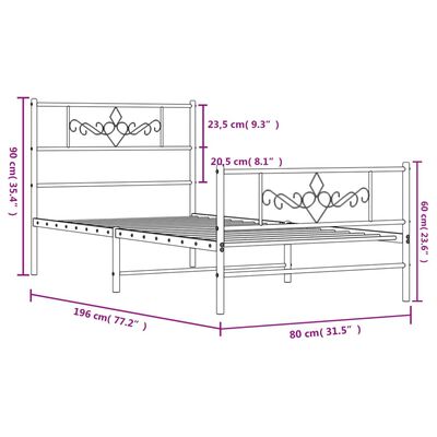 vidaXL Kovinski posteljni okvir z vzglavjem in vznožjem bel 75x190 cm