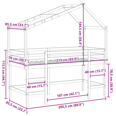 vidaXL Posteljni okvir z lestvijo in streho bel 80x200 cm borovina