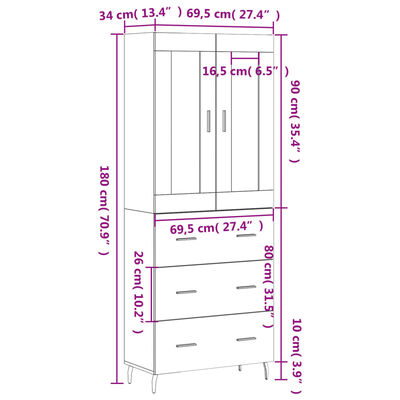 vidaXL Visoka komoda črna 69,5x34x180 cm inženirski les