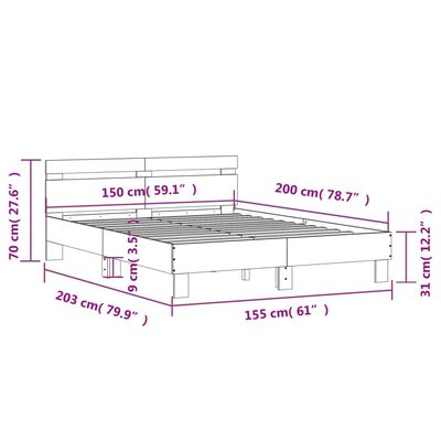 vidaXL Posteljni okvir z vzglavjem betonsko siv 150x200 cm inž. les