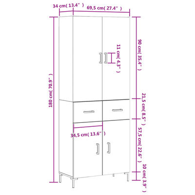 vidaXL Visoka komoda betonsko siva 69,5x34x180 cm inženirski les