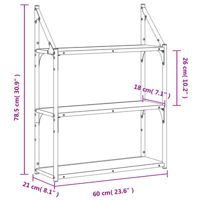 vidaXL Stenska polica 3-nadstropna rjavi hrast 60x21x78,5 cm inž. les