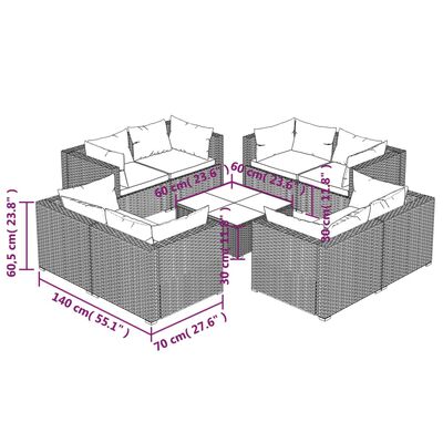 vidaXL Vrtna sedežna garnitura 9-delna z blazinami poli ratan črna