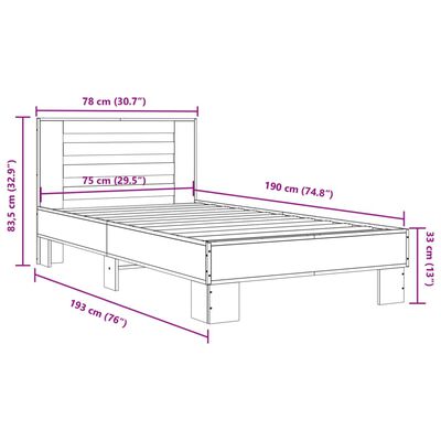 vidaXL Posteljni okvir rjav hrast 75x190 cm inženirski les in kovina