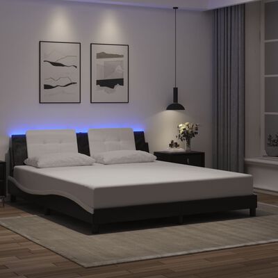 vidaXL Posteljni okvir z LED lučkami črno bel 180x200 cm umetno usnje