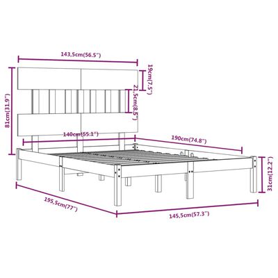 vidaXL Posteljni okvir iz trdnega lesa 140x190 cm