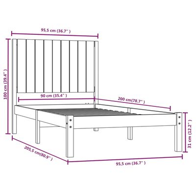 vidaXL Posteljni okvir siv iz borovine 90x200 cm