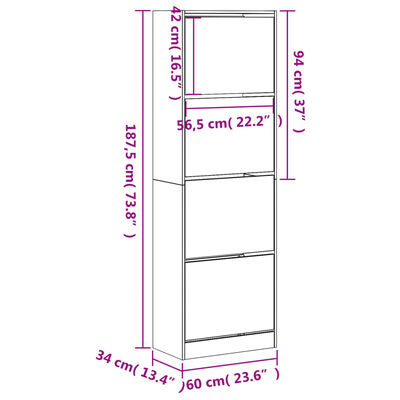 vidaXL Omarica za čevlje s 4 predali sonoma hrast 60x34x187,5 cm