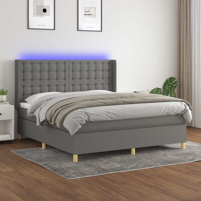 vidaXL Box spring postelja z vzmetnico LED temno siva 180x200 cm blago