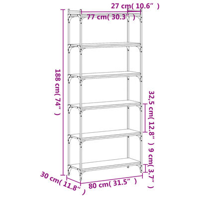 vidaXL Knjižna omara 6-nadstropna dimljen hrast 80x30x188 cm inž. les