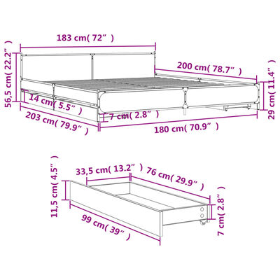 vidaXL Posteljni okvir s predali dimljen hrast 180x200 cm inž. les