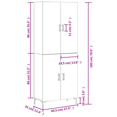 vidaXL Visoka komoda siva sonoma 69,5x34x180 cm inženirski les