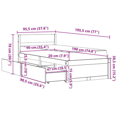 vidaXL Postelja s predali in vzmetnico 90x190 cm trdna borovina