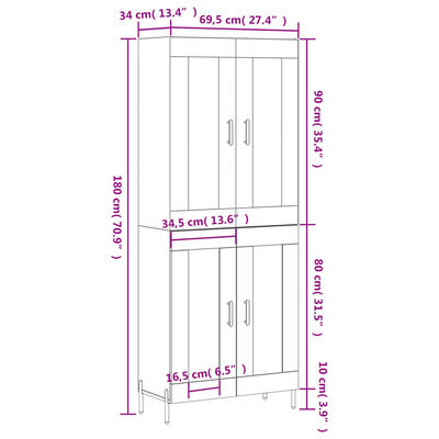 vidaXL Visoka komoda betonsko siva 69,5x34x180 cm inženirski les