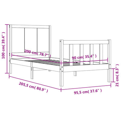 vidaXL Posteljni okvir brez vzmetnice 90x200 cm trdna borovina