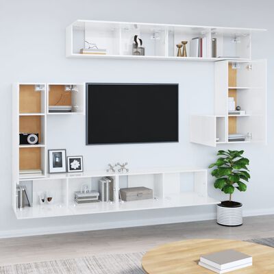 vidaXL Stenska TV omarica visok sijaj bela inženirski les
