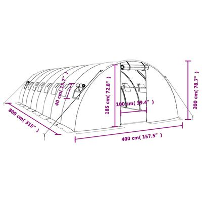 vidaXL Rastlinjak z jeklenim okvirjem bel 32 m² 8x4x2 m